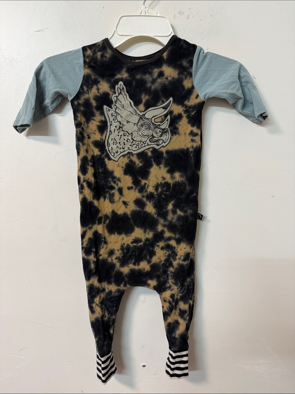 Tie-Dye Rhino Graphic Kids Romper in Black and Tan with Light Blue Sleeves